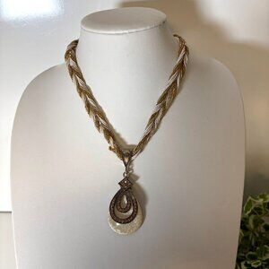 Crackled Teardrop Pendant Multi-Strand Necklace Rhinestones Gold Tone Cream NEW